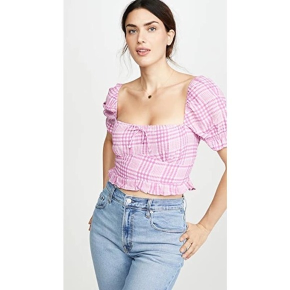 Faithfull the Brand Vaneda Plaid Puff-sleeve Crop Top Pink Size Small - Picture 1 of 8